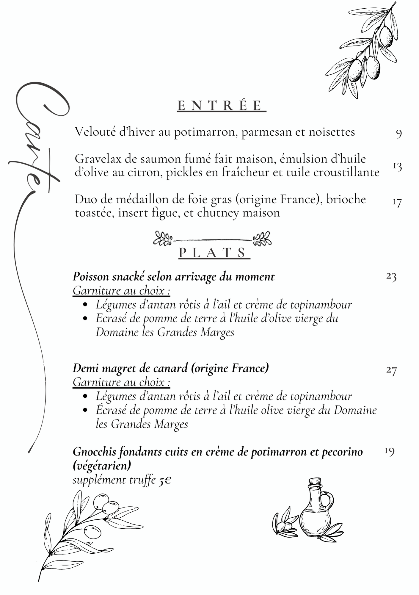 carte entrées et plats hiver