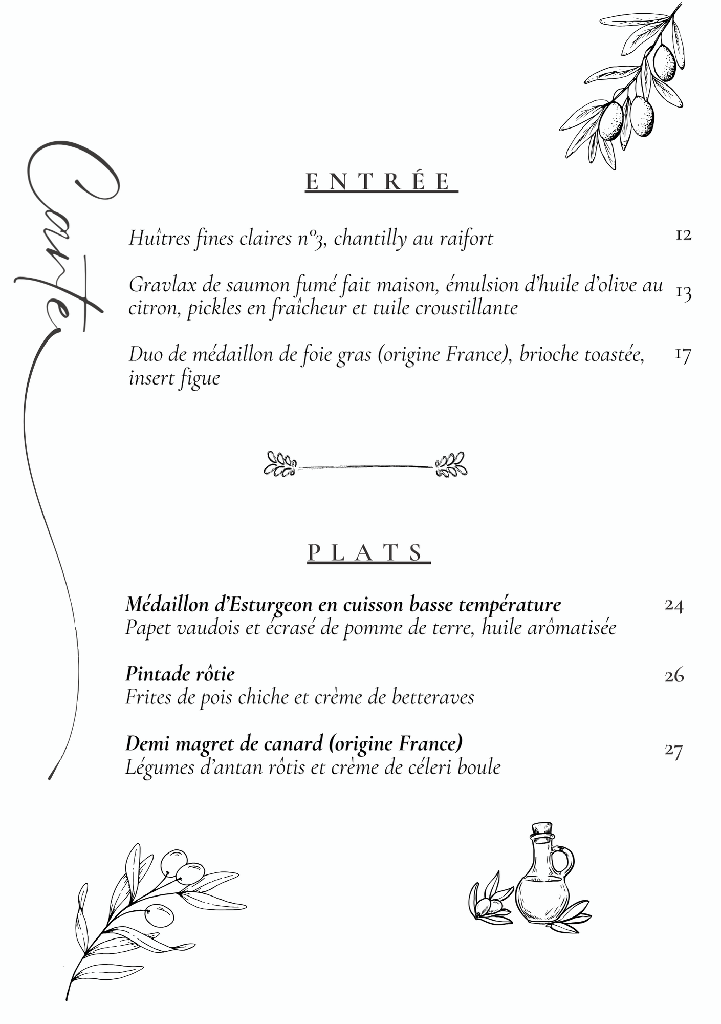 restaurant carte entrées et plats