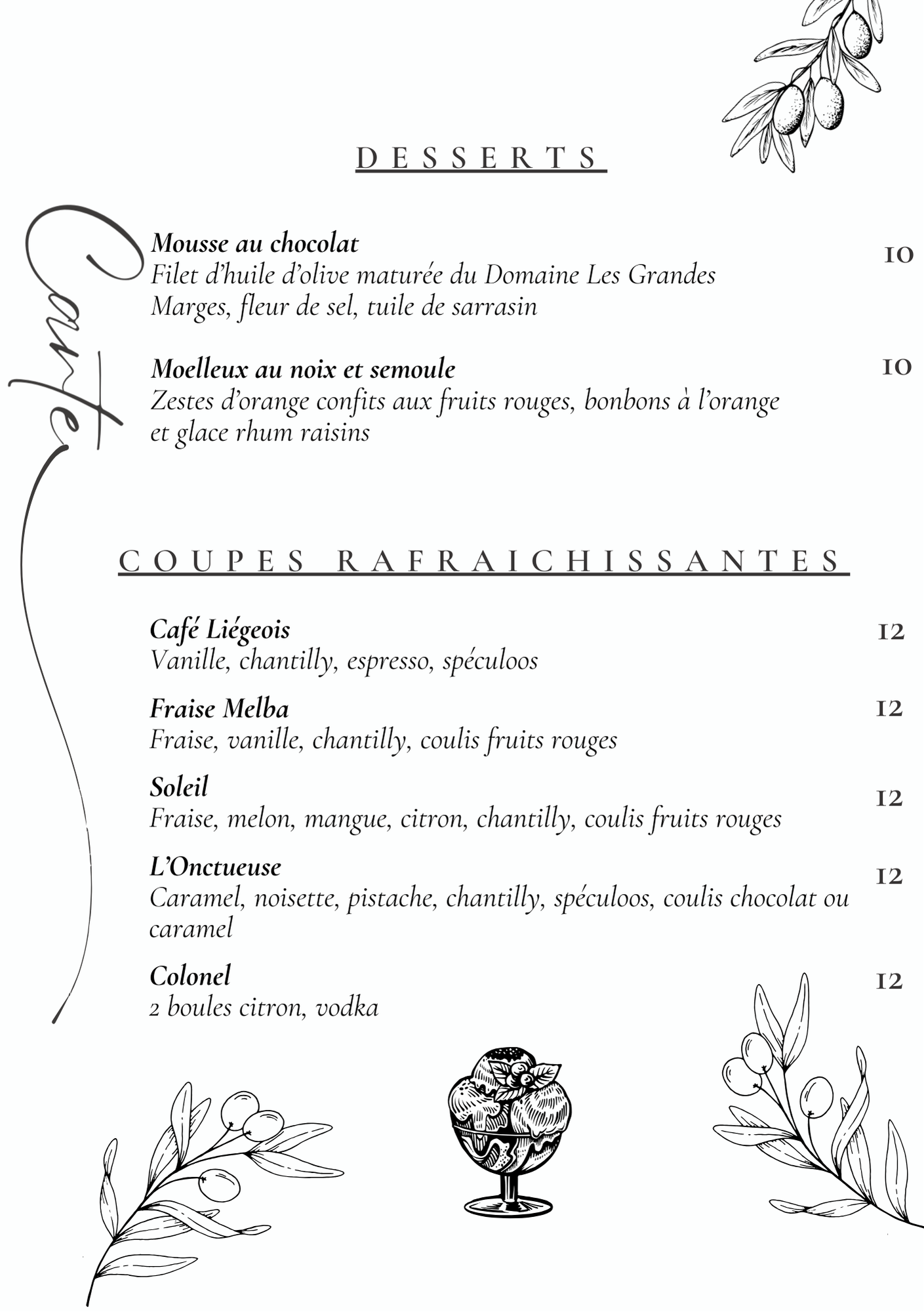 restaurant carte desserts