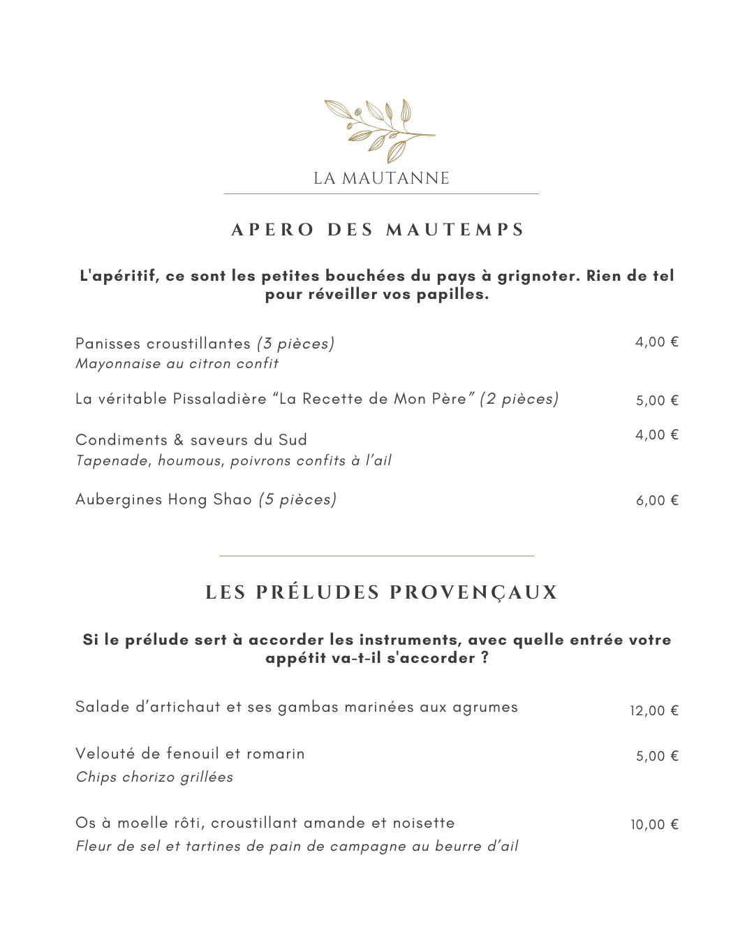 apéritifs et entrées carte restaurant