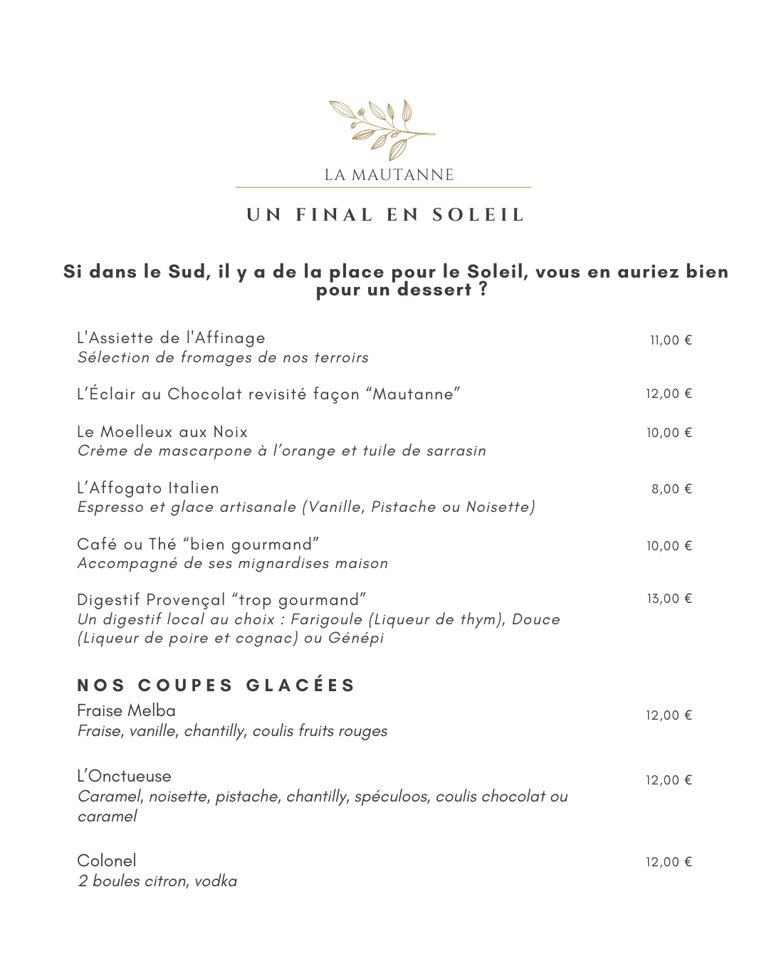 desserts carte restaurant