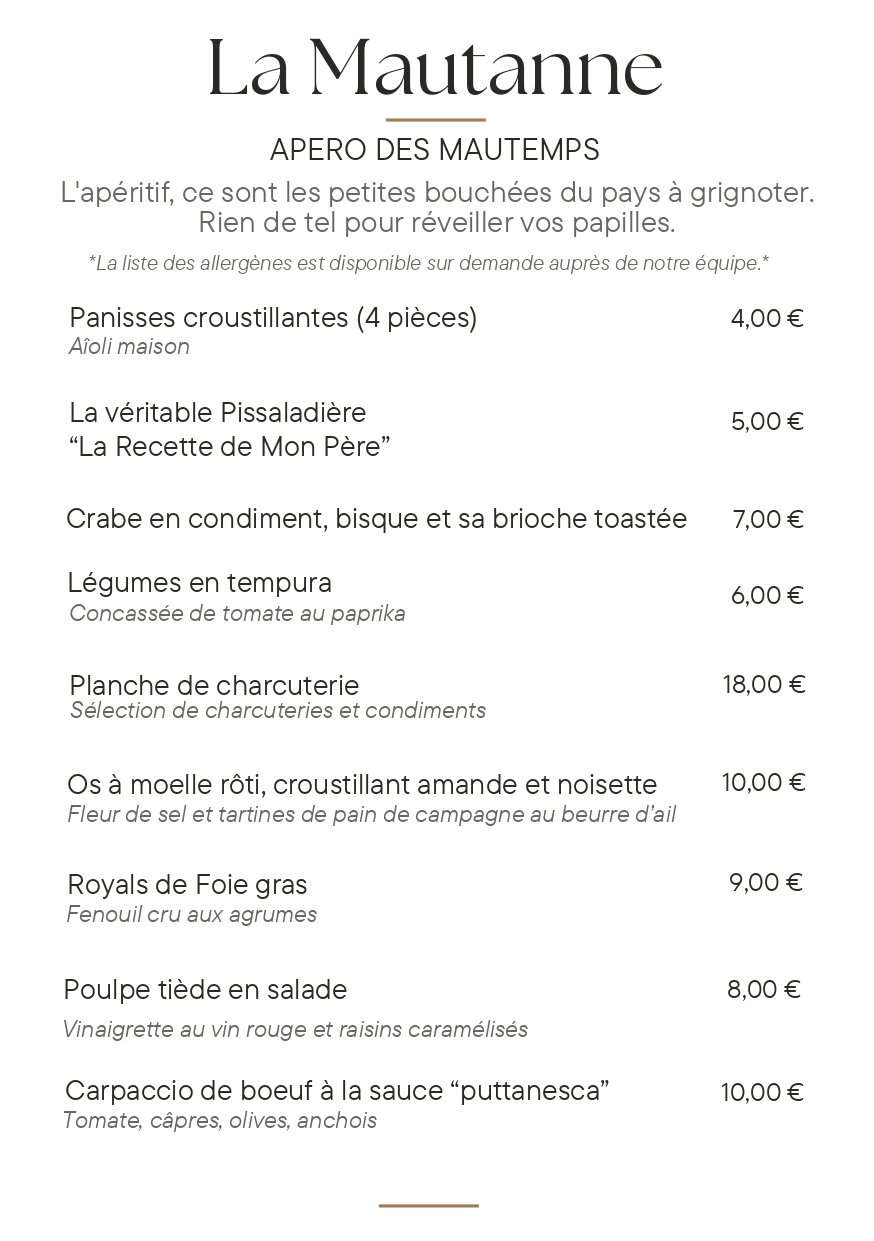 apéritifs et entrées carte restaurant