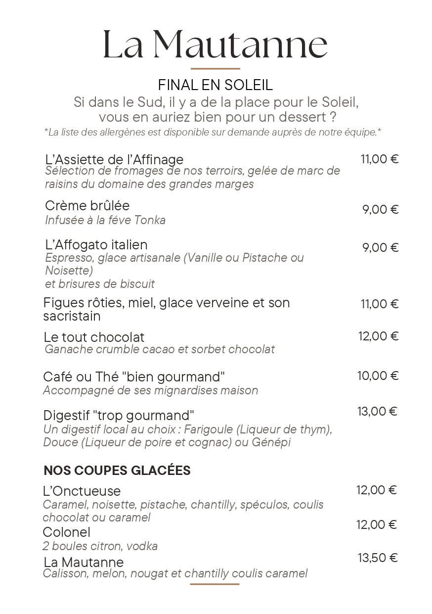 desserts carte restaurant